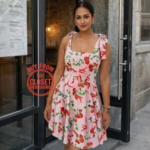 ZARA Pink Cherry Print A-Line Mini Dress NWT | Wide Strap Sundress